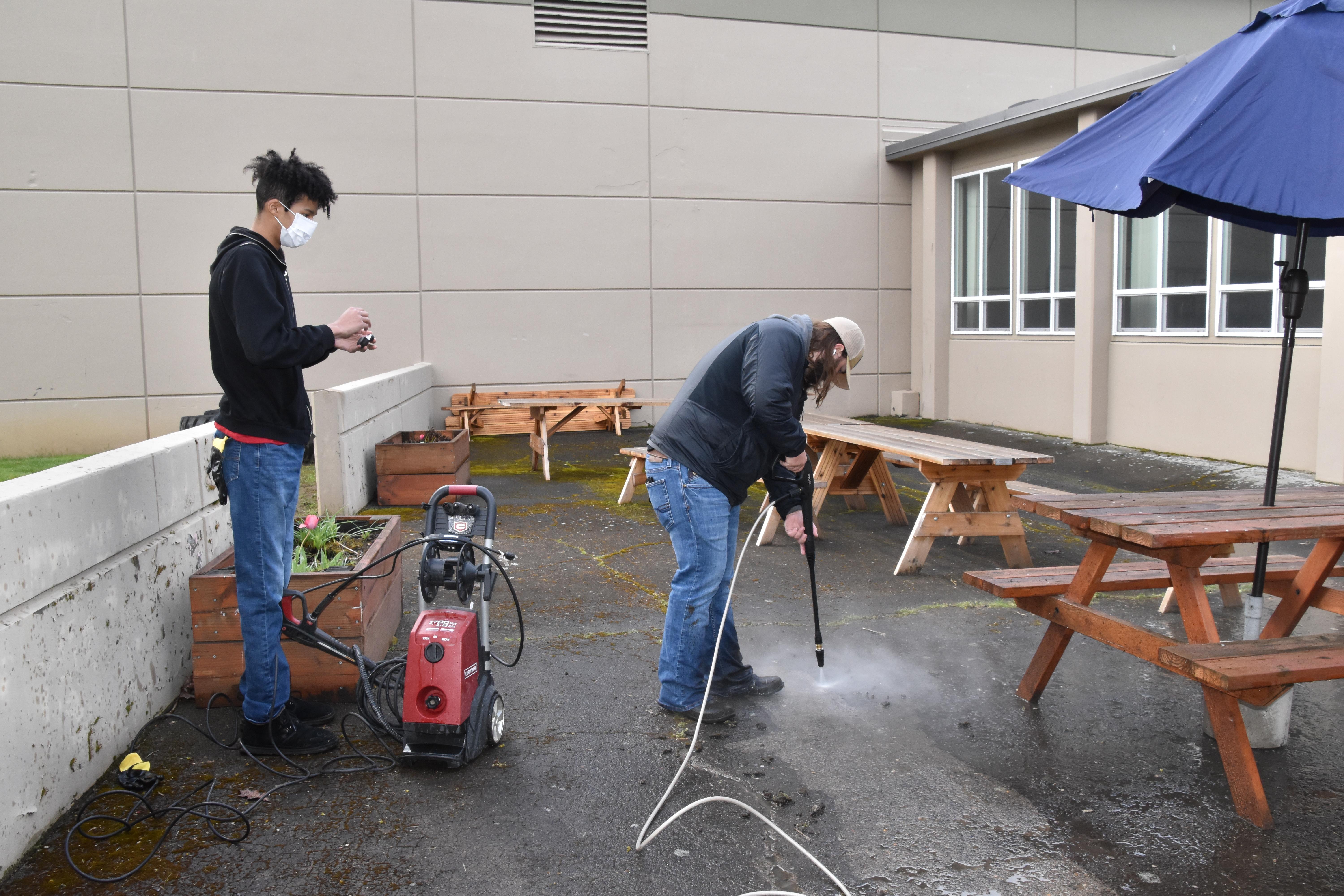Power washing the student patio