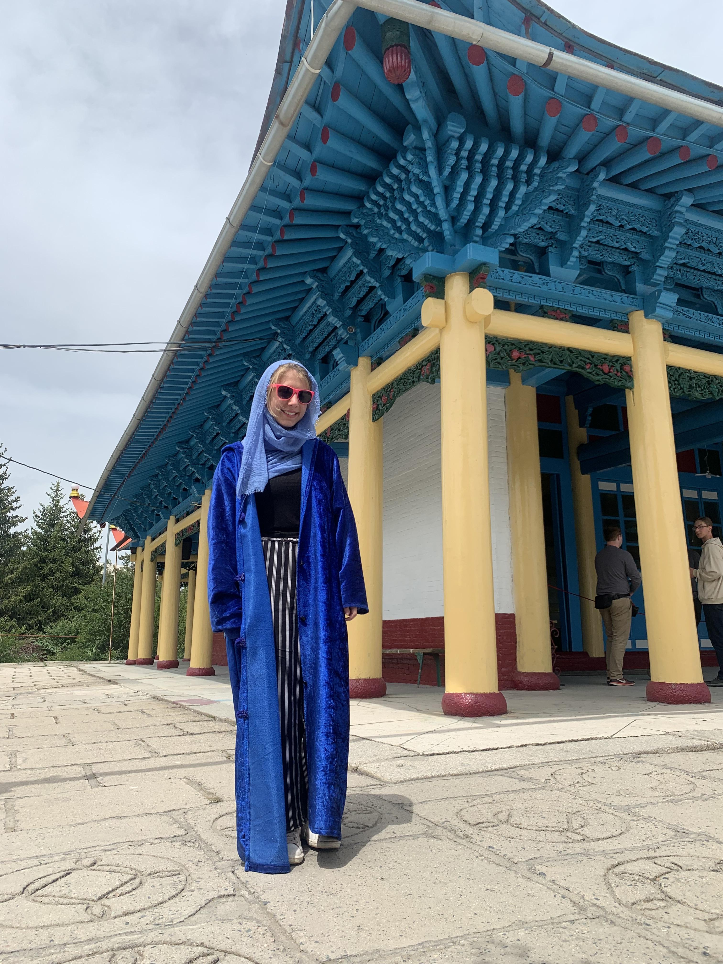 Ivana appropriately garbed in Kyrgyzstan