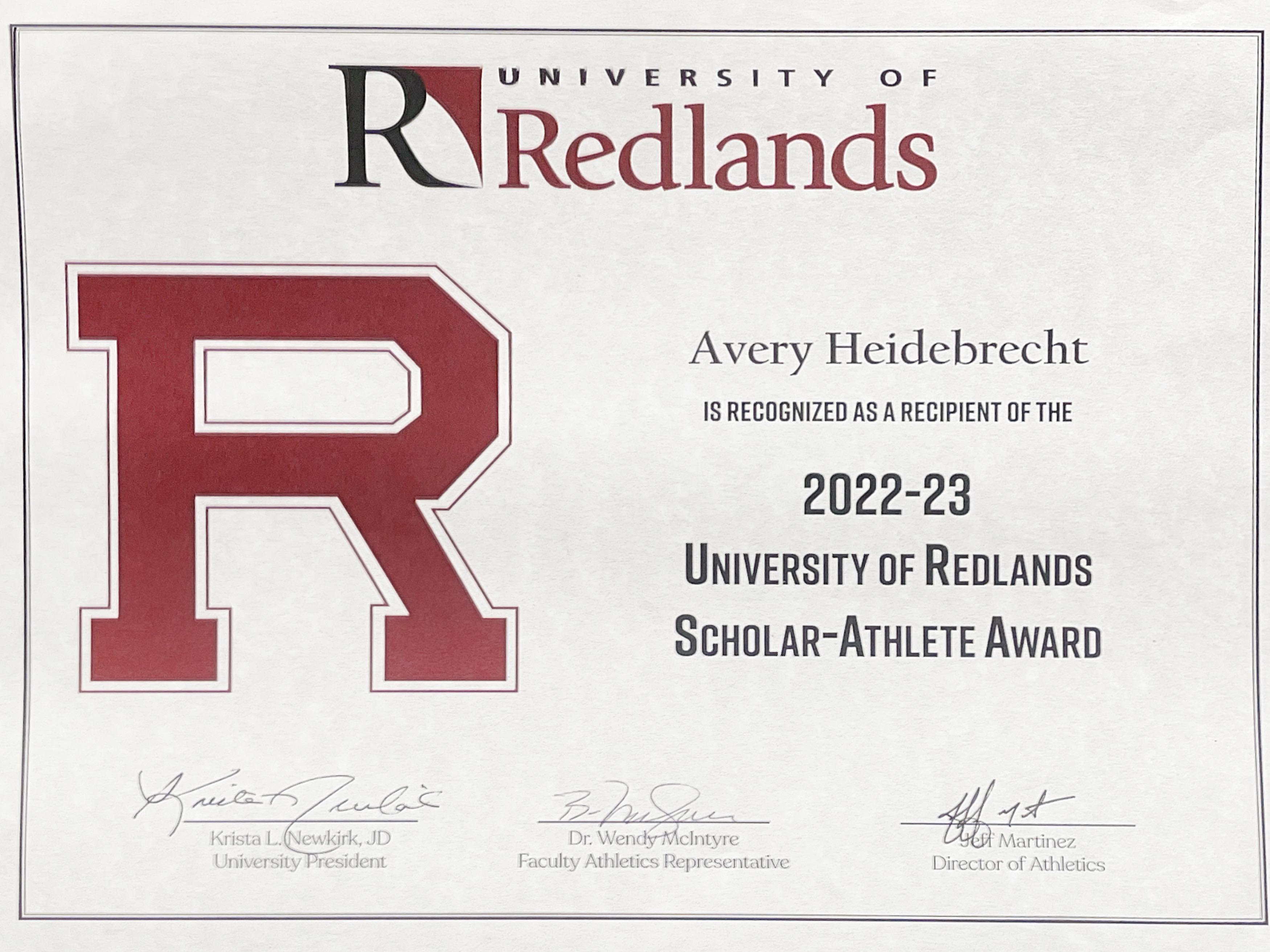 Scholar - Athlete Award Certificate from University of Redlands