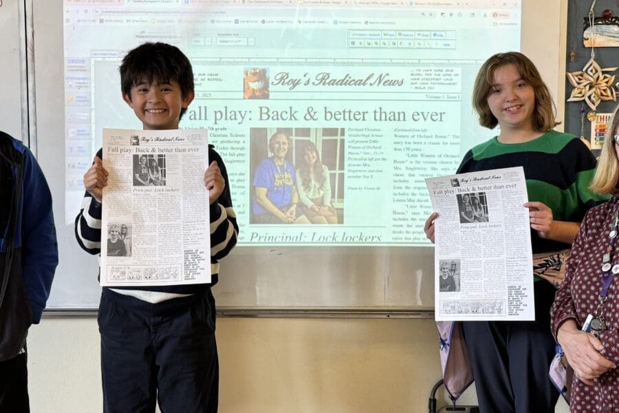 The paper’s first issue contains a Bible verse, two stories with photos by each of the writers, a calendar of events, and a cartoon strip. The plan is to publish something every two weeks. The students are already working on their stories and cartoons. As teacher and editor, Mrs. Gentry describes the students as very responsive to her editing and suggestions. No stranger to the business of publishing, Mrs. Gentry has had 12 years working in the newspaper world as reporter, editor and photographer (Gresham Outlook, East Oregonian in Pendleton, Ketchikan Daily News in Alaska, and the Seaside Signal). The newspaper is offered digitally on Google Classroom to the middle school students, or as a hard copy in the school office. We look forward to many more issues throughout this school year.